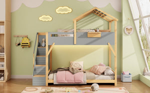 English Elm Twin House Bunk Bed with Staircase LED Lighting and Built-In Storage Shelf Gray LT000457AAE