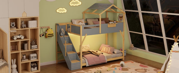 English Elm Twin House Bunk Bed with Staircase LED Lighting and Built-In Storage Shelf Gray LT000457AAE