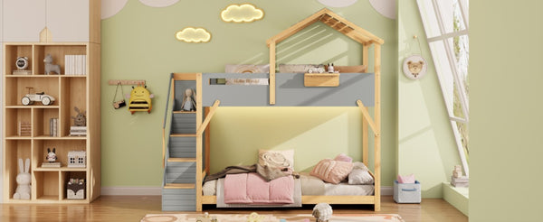 English Elm Twin House Bunk Bed with Staircase LED Lighting and Built-In Storage Shelf Gray LT000457AAE