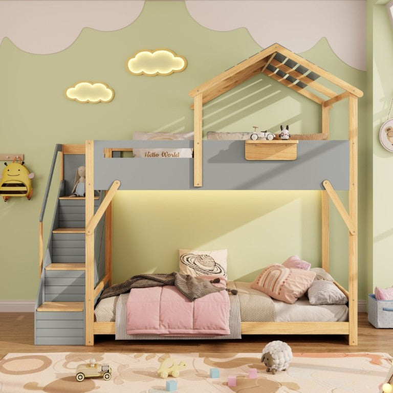 English Elm Twin House Bunk Bed with Staircase LED Lighting and Built-In Storage Shelf Gray LT000457AAE