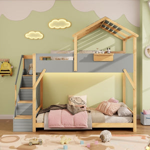 English Elm Twin House Bunk Bed with Staircase LED Lighting and Built-In Storage Shelf Gray LT000457AAE