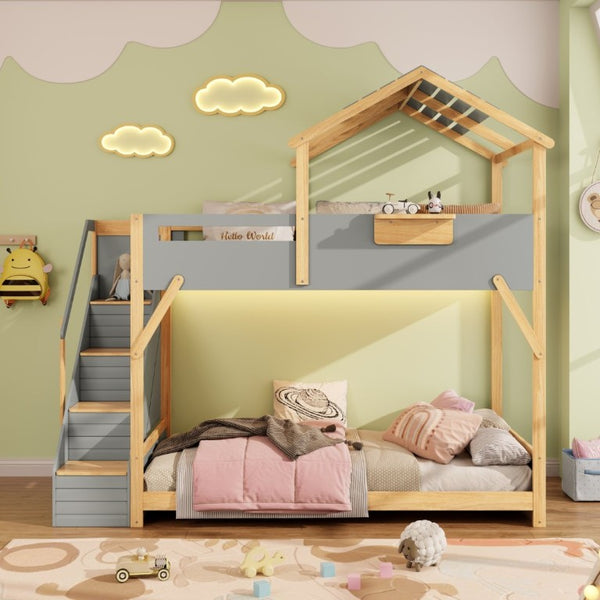 English Elm Twin House Bunk Bed with Staircase LED Lighting and Built-In Storage Shelf Gray LT000457AAE