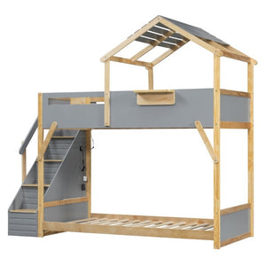 English Elm Twin House Bunk Bed with Staircase LED Lighting and Built-In Storage Shelf Gray LT000457AAE