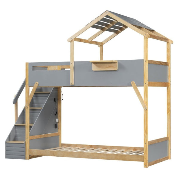 English Elm Twin House Bunk Bed with Staircase LED Lighting and Built-In Storage Shelf Gray LT000457AAE