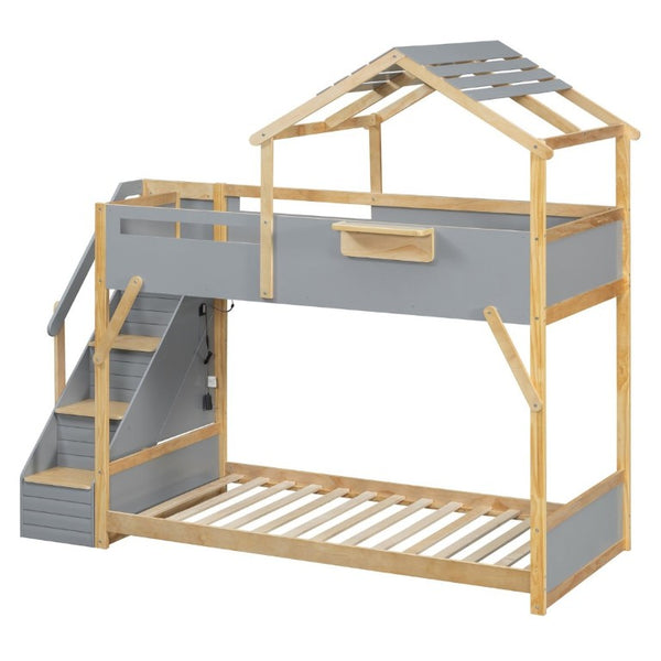 English Elm Twin House Bunk Bed with Staircase LED Lighting and Built-In Storage Shelf Gray LT000457AAE