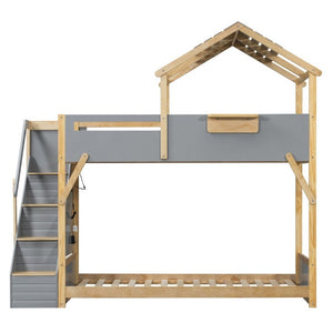 English Elm Twin House Bunk Bed with Staircase LED Lighting and Built-In Storage Shelf Gray LT000457AAE