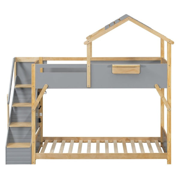 English Elm Twin House Bunk Bed with Staircase LED Lighting and Built-In Storage Shelf Gray LT000457AAE