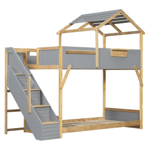 English Elm Twin House Bunk Bed with Staircase LED Lighting and Built-In Storage Shelf Gray LT000457AAE