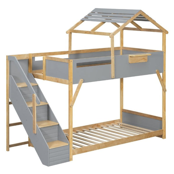 English Elm Twin House Bunk Bed with Staircase LED Lighting and Built-In Storage Shelf Gray LT000457AAE