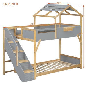 English Elm Twin House Bunk Bed with Staircase LED Lighting and Built-In Storage Shelf Gray LT000457AAE