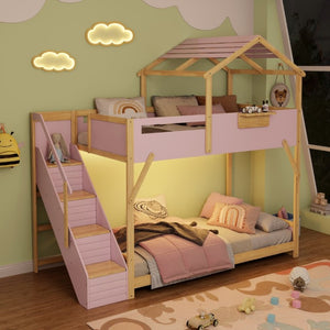 English Elm Twin House Bunk Bed with Staircase LED Lighting and Built-In Storage Shelf Pink LT000457AAH