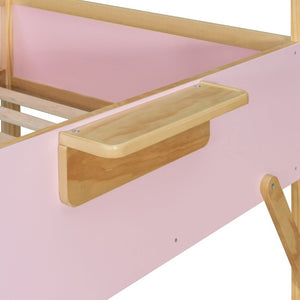 English Elm Twin House Bunk Bed with Staircase LED Lighting and Built-In Storage Shelf Pink LT000457AAH