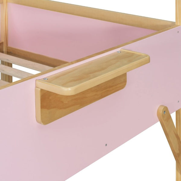 English Elm Twin House Bunk Bed with Staircase LED Lighting and Built-In Storage Shelf Pink LT000457AAH