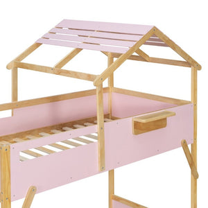 English Elm Twin House Bunk Bed with Staircase LED Lighting and Built-In Storage Shelf Pink LT000457AAH
