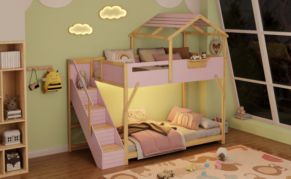 English Elm Twin House Bunk Bed with Staircase LED Lighting and Built-In Storage Shelf Pink LT000457AAH