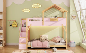 English Elm Twin House Bunk Bed with Staircase LED Lighting and Built-In Storage Shelf Pink LT000457AAH