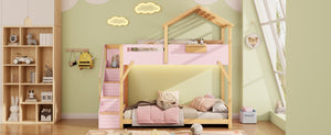 English Elm Twin House Bunk Bed with Staircase LED Lighting and Built-In Storage Shelf Pink LT000457AAH