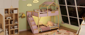 English Elm Twin House Bunk Bed with Staircase LED Lighting and Built-In Storage Shelf Pink LT000457AAH