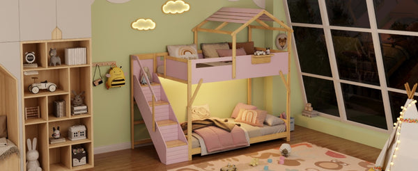 English Elm Twin House Bunk Bed with Staircase LED Lighting and Built-In Storage Shelf Pink LT000457AAH