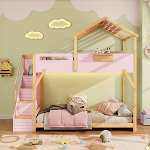 English Elm Twin House Bunk Bed with Staircase LED Lighting and Built-In Storage Shelf Pink LT000457AAH