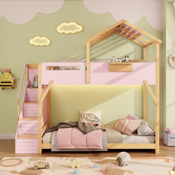 English Elm Twin House Bunk Bed with Staircase LED Lighting and Built-In Storage Shelf Pink LT000457AAH