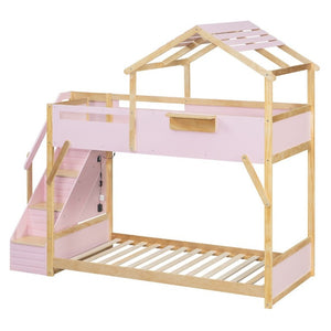 English Elm Twin House Bunk Bed with Staircase LED Lighting and Built-In Storage Shelf Pink LT000457AAH