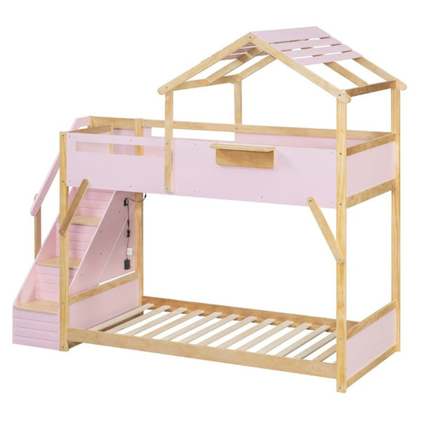 English Elm Twin House Bunk Bed with Staircase LED Lighting and Built-In Storage Shelf Pink LT000457AAH