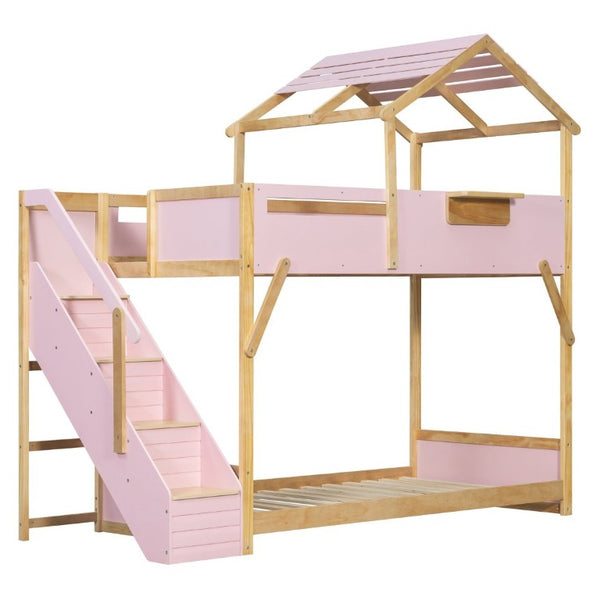 English Elm Twin House Bunk Bed with Staircase LED Lighting and Built-In Storage Shelf Pink LT000457AAH