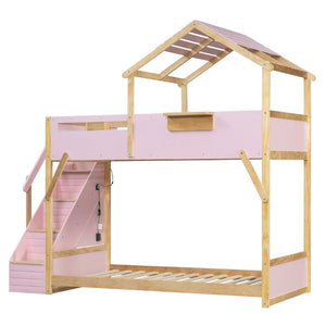 English Elm Twin House Bunk Bed with Staircase LED Lighting and Built-In Storage Shelf Pink LT000457AAH