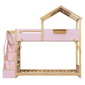 English Elm Twin House Bunk Bed with Staircase LED Lighting and Built-In Storage Shelf Pink LT000457AAH