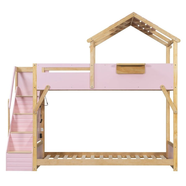 English Elm Twin House Bunk Bed with Staircase LED Lighting and Built-In Storage Shelf Pink LT000457AAH