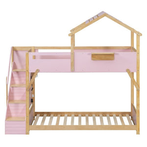 English Elm Twin House Bunk Bed with Staircase LED Lighting and Built-In Storage Shelf Pink LT000457AAH