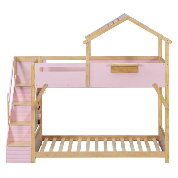 English Elm Twin House Bunk Bed with Staircase LED Lighting and Built-In Storage Shelf Pink LT000457AAH