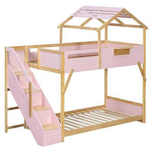 English Elm Twin House Bunk Bed with Staircase LED Lighting and Built-In Storage Shelf Pink LT000457AAH