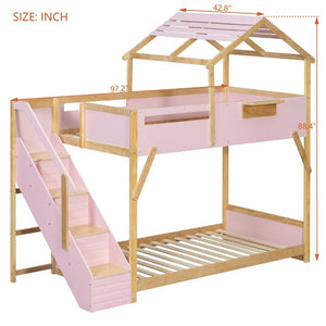 English Elm Twin House Bunk Bed with Staircase LED Lighting and Built-In Storage Shelf Pink LT000457AAH