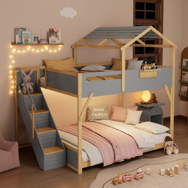 English Elm Full Over House Bunk Bed with Stair Access LED Lighting and Side Storage Gray LT000458AAE