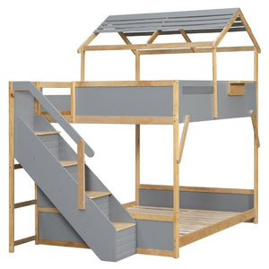 English Elm Full Over House Bunk Bed with Stair Access LED Lighting and Side Storage Gray LT000458AAE