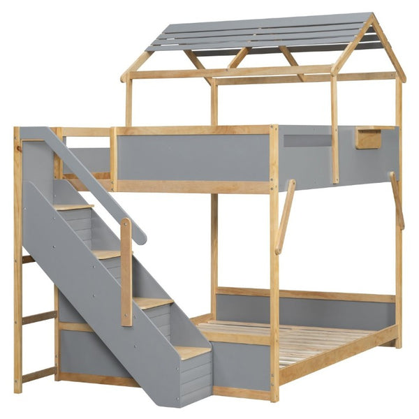 English Elm Full Over House Bunk Bed with Stair Access LED Lighting and Side Storage Gray LT000458AAE