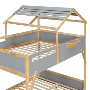 English Elm Full Over House Bunk Bed with Stair Access LED Lighting and Side Storage Gray LT000458AAE