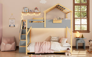 English Elm Full Over House Bunk Bed with Stair Access LED Lighting and Side Storage Gray LT000458AAE