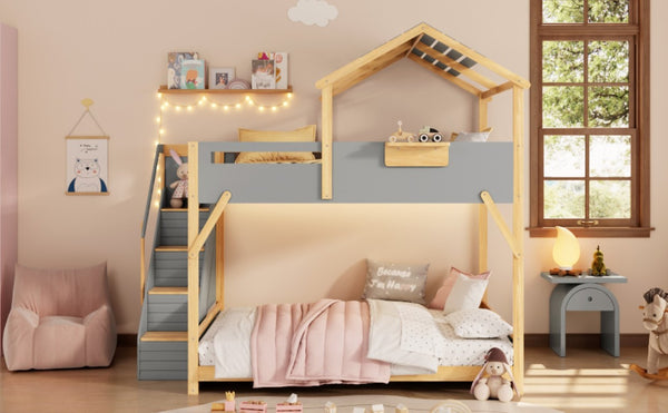 English Elm Full Over House Bunk Bed with Stair Access LED Lighting and Side Storage Gray LT000458AAE