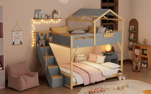 English Elm Full Over House Bunk Bed with Stair Access LED Lighting and Side Storage Gray LT000458AAE