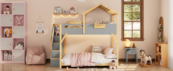 English Elm Full Over House Bunk Bed with Stair Access LED Lighting and Side Storage Gray LT000458AAE