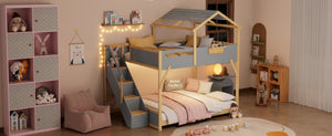 English Elm Full Over House Bunk Bed with Stair Access LED Lighting and Side Storage Gray LT000458AAE