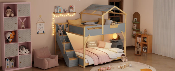 English Elm Full Over House Bunk Bed with Stair Access LED Lighting and Side Storage Gray LT000458AAE