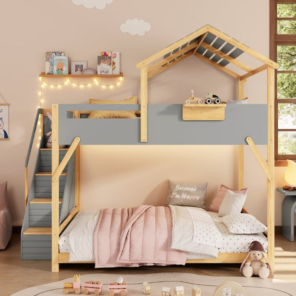 English Elm Full Over House Bunk Bed with Stair Access LED Lighting and Side Storage Gray LT000458AAE