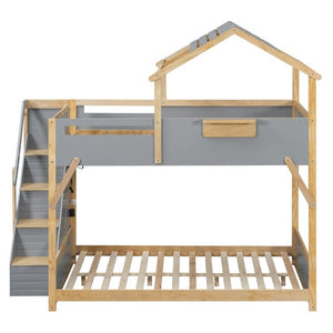 English Elm Full Over House Bunk Bed with Stair Access LED Lighting and Side Storage Gray LT000458AAE