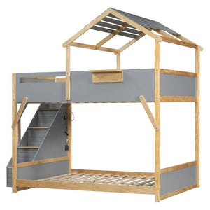 English Elm Full Over House Bunk Bed with Stair Access LED Lighting and Side Storage Gray LT000458AAE