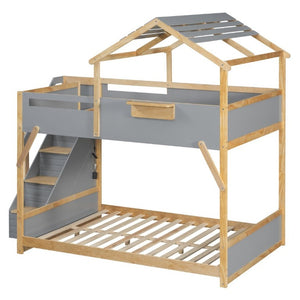 English Elm Full Over House Bunk Bed with Stair Access LED Lighting and Side Storage Gray LT000458AAE