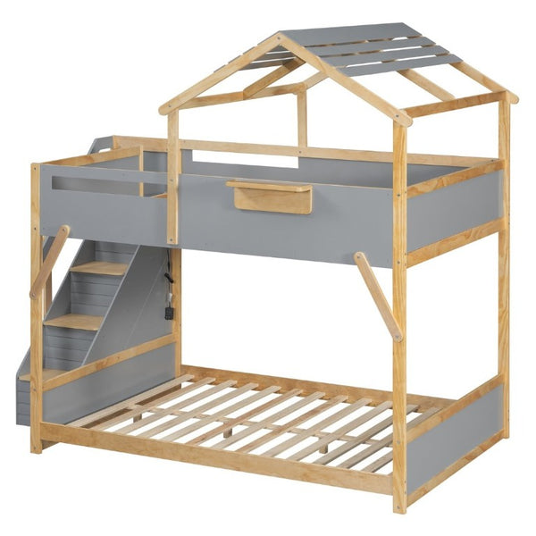 English Elm Full Over House Bunk Bed with Stair Access LED Lighting and Side Storage Gray LT000458AAE